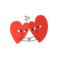 Two hand-drawn hearts are holding hands and looking into each other's eyes. Doodle couple of happy hearts full of love hugging. Vector stock illustration isolated on white background.