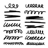 Collection of vector highlighting elements. A set of swirling spiral and straight lines with jagged edges. Hand drawn stock illustration isolated on white background.