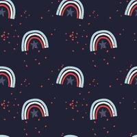Rainbow seamless pattern on the night sky. Contemporary pattern with rainbow and red scattering of stars. Vector stock illustration on dark blue background.