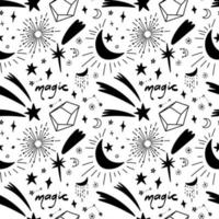 Seamless pattern with mystical and starry elements. A repeating pattern with shooting stars and crystals. Vector stock illustration isolated on white background.