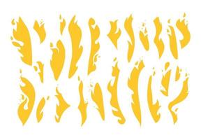 A large set of yellow flames. Collection of various forms of fire. Hand-drawn silhouettes of a blazing campfire. Vector illustration isolated on white background.