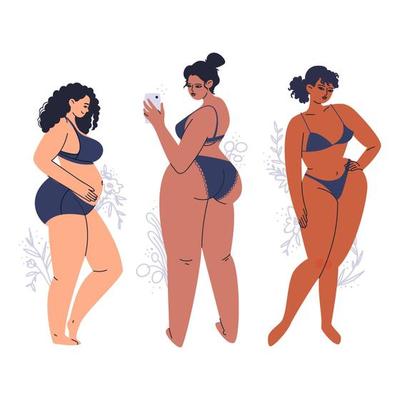 Cute young women in lingerie. A group of curvy and pregnant women stand in  a row with telephones in their hands. 8667507 Vector Art at Vecteezy