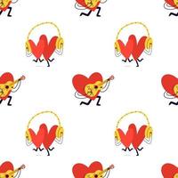 Seamless background with loving hearts. Cute red hearts are listening to music in big headphones and playing the guitar. Vector stock illustration in cartoon style on a white background.