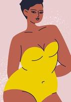 un cartel con una mujer en un traje de baño amarillo sin tirantes. primer plano de una joven bronceada con un corte de pelo corto en ropa interior. hermoso personaje femenino con piel bronceada. ilustración de stock vectorial en carto vector