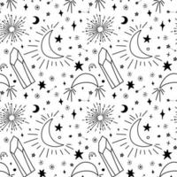 Seamless pattern with stars, crystals and sparkling crescents. Delicate black on white pattern with magical celestial elements. vector