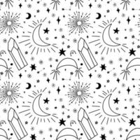 Seamless pattern with stars, crystals and sparkling crescents. Delicate black on white pattern with magical celestial elements. vector