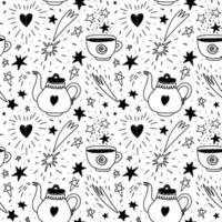 Seamless pattern with stars and celestial elements. Hand drawn pattern with magic teapot and a cup of magic drink. vector