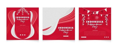 día de la independencia de indonesia con ondear banderas en 3d y diseño de plantilla de publicaciones en redes sociales de color rojo vector