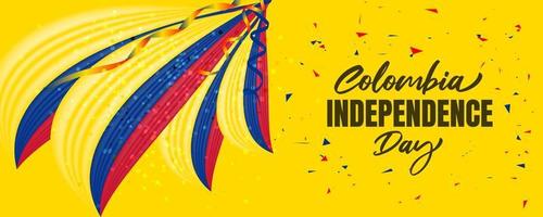 día de la independencia de colombia con bandera de colombia ondeando y diseño de fondo de color amarillo vector