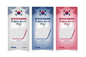 banner vertical de celebración del día de la independencia de corea del sur con diseño de ondear banderas en 3d vector