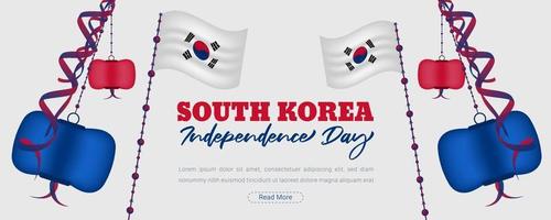 fondo de celebración del día de la independencia de corea del sur con diseño de ondear banderas en 3d vector