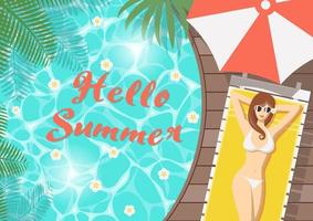 Hello summer woman relaxing on pool deck from top view vector