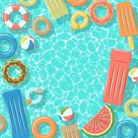 Swimming pool with rafts rubber rings top view vector
