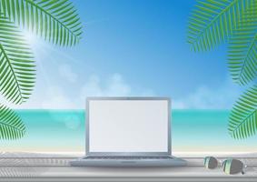 Laptop on wooden desk at the beach vector