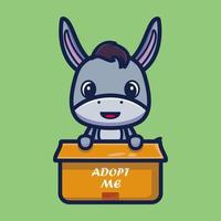 Cute donkey in box cartoon character vector illustration, Animal icon concept isolated premium vector