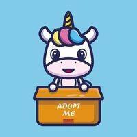 lindo unicornio en caja ilustración vectorial de personaje de dibujos animados, concepto de icono animal vector premium aislado