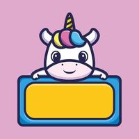 Cute unicorn with empty board cartoon character premium vector