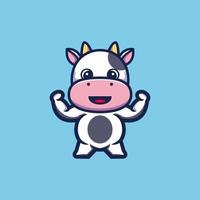 Cute strong cow cartoon character premium vector
