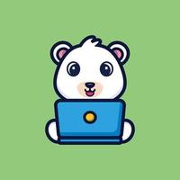 Cute bear cartoon working in front of a laptop. Animal technology icon illustration concept premium vector