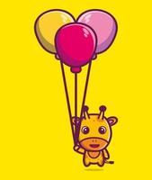 Cute giraffe floating with balloon cartoon vector illustration