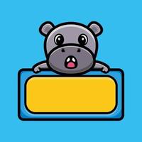 Cute hippo with empty board cartoon character premium vector