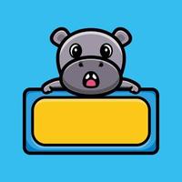 Cute hippo with empty board cartoon character premium vector