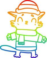 rainbow gradient line drawing cartoon cat in winter clothes vector