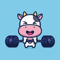 Cute illustration of cow lifting barbell cartoon character design premium vector