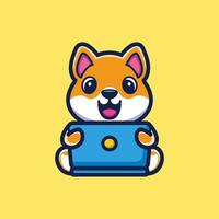 Cute dog cartoon working in front of a laptop. Animal technology icon illustration concept premium vector