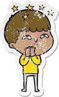 distressed sticker of a cartoon amazed boy vector