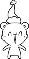 happy polar bear line drawing of a wearing santa hat vector