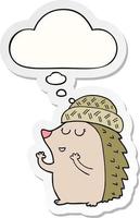 cartoon hedgehog wearing hat and thought bubble as a printed sticker vector