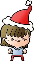 annoyed gradient cartoon of a girl wearing santa hat vector