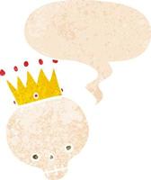 cartoon skull with crown and speech bubble in retro textured style vector