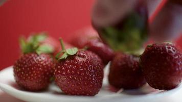 verse hoop rijpe wilde aardbeien draait. zomer aardbeien oogst op een plaat close-up. video