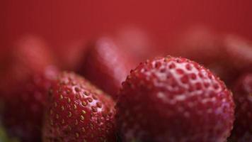 tas frais de fraises sauvages mûres tourne. récolte de fraises d'été sur un gros plan de plaque. video