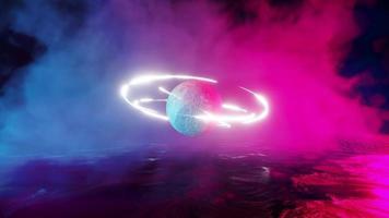 Animação de renderização 3D. fundo de ficção científica com um planeta com anel brilhante. conceito de ficção científica. video
