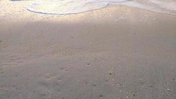 närbild våg sand strand havsskum. närbild av havsvåg med skum på strandsand. semester sommar bakgrund video