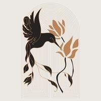 Silhouette of magical bird with flowers, vector set. Mystical abstract form in the style of Matisse. Abstract body art design for print, cover, wallpaper, minimal wall art.