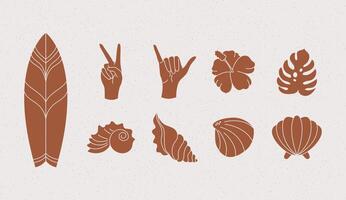 Summer icons set with surfboards, palm leaves, corrals and seashells. Cute sea, ocean and brown background with sand. For social media, accommodation rental and travel services. vector