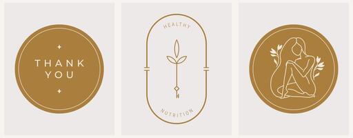 Vector nutrition design linear key and woman silhouette logos templates in trendy linear minimal style. Celestial and magical abstract.