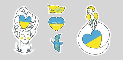 Stickers in support of Ukraine, Ukrainian flag with Pray for Ukraine concept icons set. Vector illustration