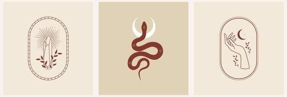 Magic snake with moon, star and crescents. Mystical symbols in a trendy minimalist style on a light background. Cosmic minimalistic scene with snake, branch, celestial bodies. vector