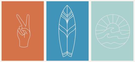 Summer icons set with surfboards, palm leaves, corrals and seashells. Cute sea, ocean and brown background with sand. vector