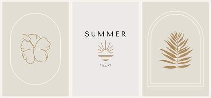 Abstract summer logo template with palm trees, flowers and sunrise. Modern minimal set of linear icons and emblems for social media, accommodation rental and travel services. vector