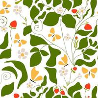frutas de patrones sin fisuras. fresa, mariposas y flores. fondo vintage romántico para textiles, telas, papel decorativo. vector