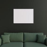 Minimalist landscape white poster or photo frame in modern living room wall interior design with sofa. 3d rendering.