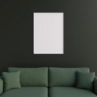 Minimalist portrait white poster or photo frame in modern living room wall interior design with sofa. 3d rendering.