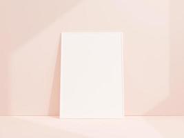 Clean and minimalist front view portrait white photo or poster frame mockup leaning against white wall. 3d rendering.