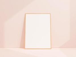 Clean and minimalist front view portrait wooden photo or poster frame mockup leaning against white wall. 3d rendering.